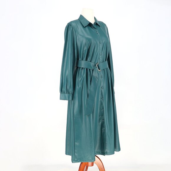 NWT CHICO'S Faux Leather Shirt Midi Dress in Deep Woods Green Size 2.5 (US 14) - Picture 4 of 10